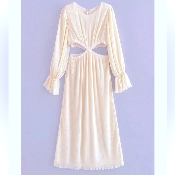 ZARA Cream Crinkly Midriff Cut Out Midi Dress M NWT - Picture 5 of 16
